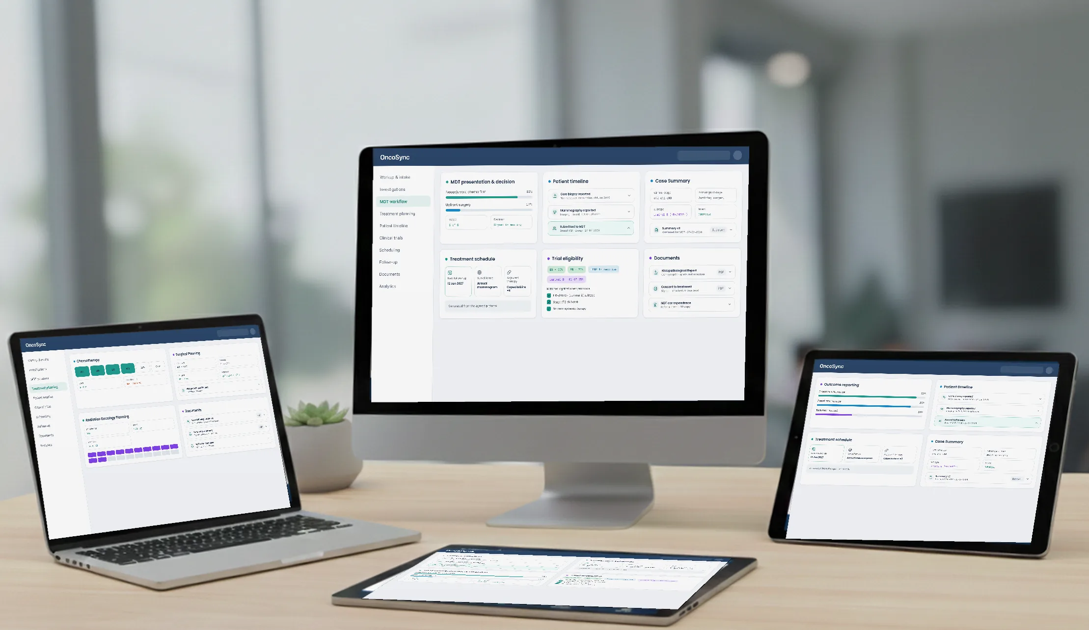 OncoSync on desktop, laptop and tablet: MDT decision, patient timeline, case summary and treatment schedule